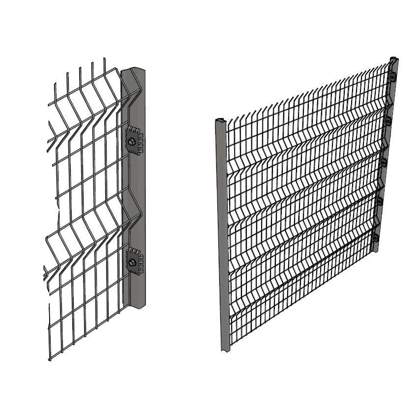 Two 3D-rendered segments of clambrufe clearview fencing panels are displayed. Both feature vertical and horizontal grid patterns, connected to a vertical metal support. The left panel offers a close-up view, while the right presents a wider perspective of the clearview fence design.