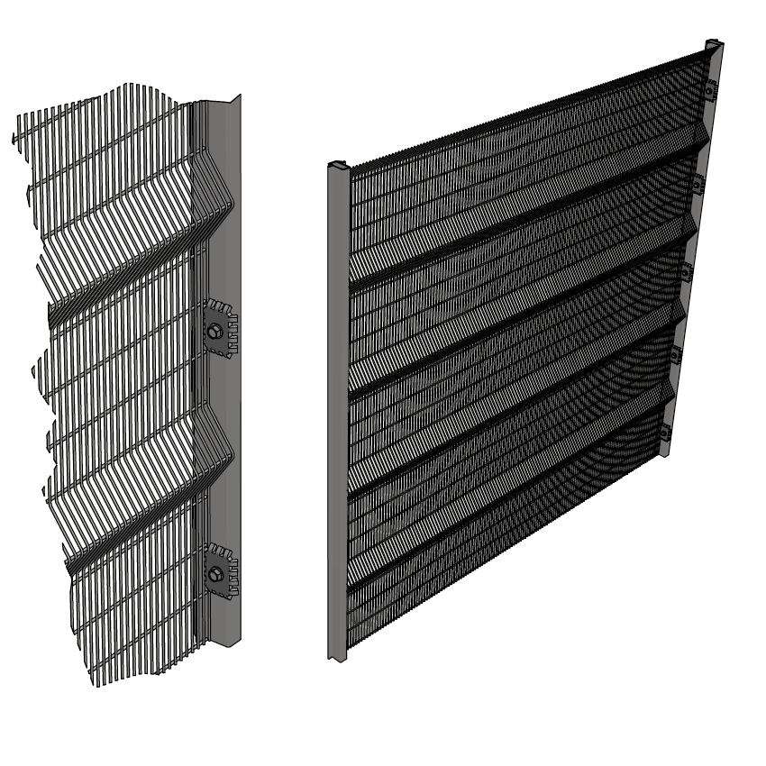 A 3D render showcases two sections of Clambrufe Clearview fencing. The left section presents a close-up of alternating horizontal and diagonal lines connected to a post, while the right section fully displays its intricate mesh pattern from the front.