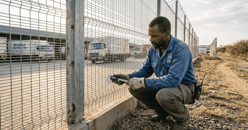 Security technician inspecting fence mesh aperture