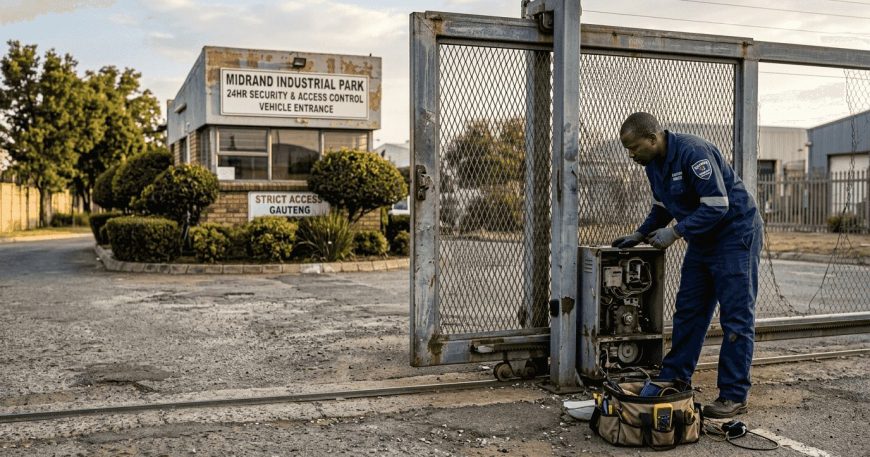 Technician beside high-security steel sliding gate
