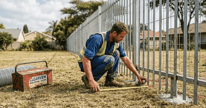 Contractor measuring weatherproof fence outdoors